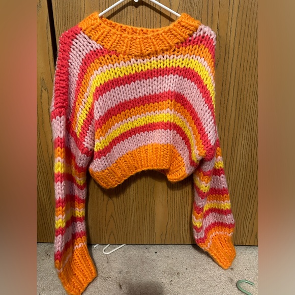 Beginning Boutique Tops - Belmont stripped Cropped sweater Orange, Pink, Yellow, Red
